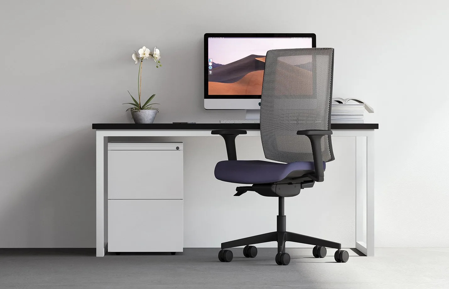 Office contract furniture consisting of work desk, task chair and storage